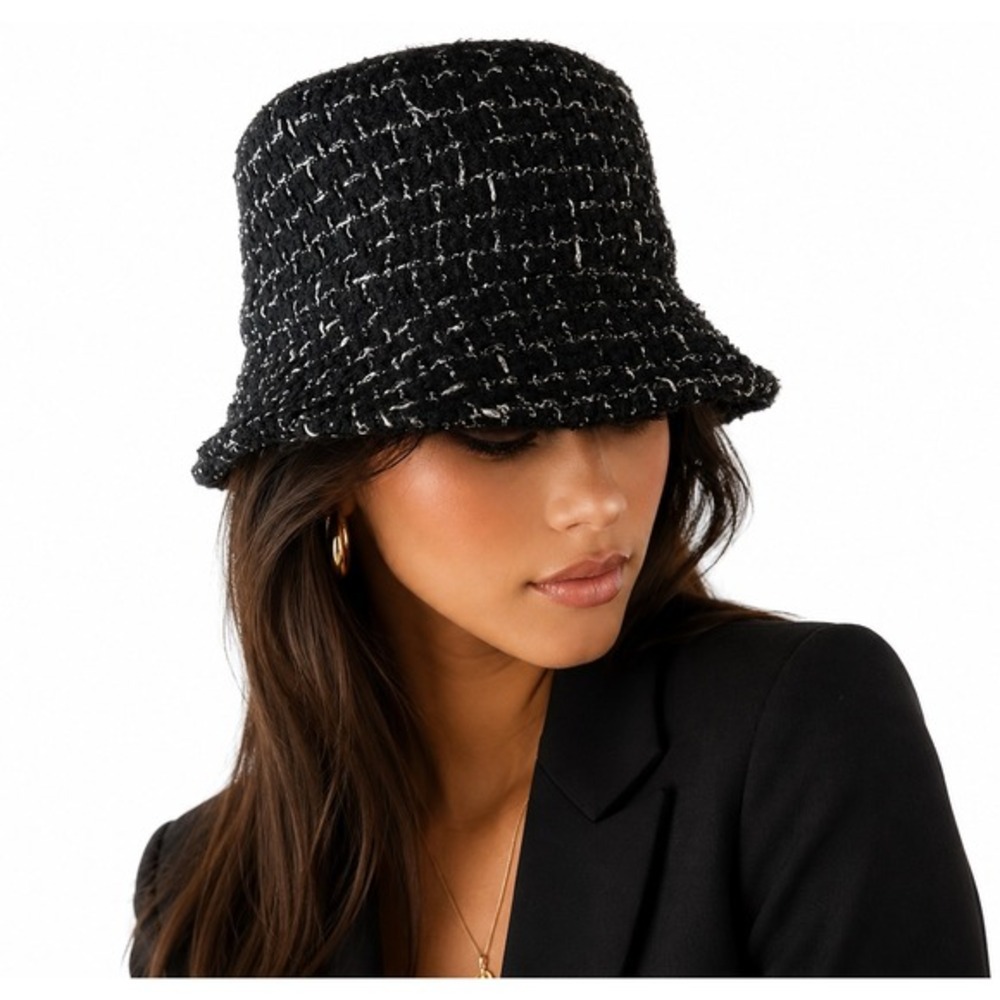 Black Tweed Bucket Hat Silver Metallic Thread Boucle Cloche Style Hat Chic 66-18